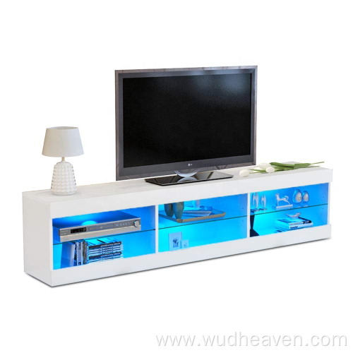 Estante de vidrio Soporte para TV Sala de estar de madera con LED